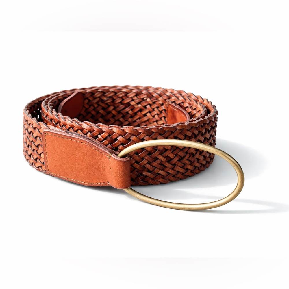 Lucky Brand Woven Leather Belt Brown Braided Wide Gold Ring Buckle Boho Sz L/XL